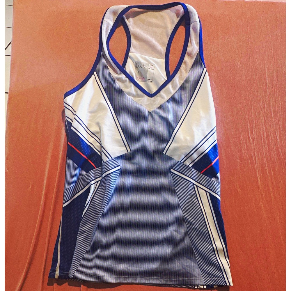 Lucky in Love Womens Blue White Striped Racerback Mesh Tennis Tank Top Size M